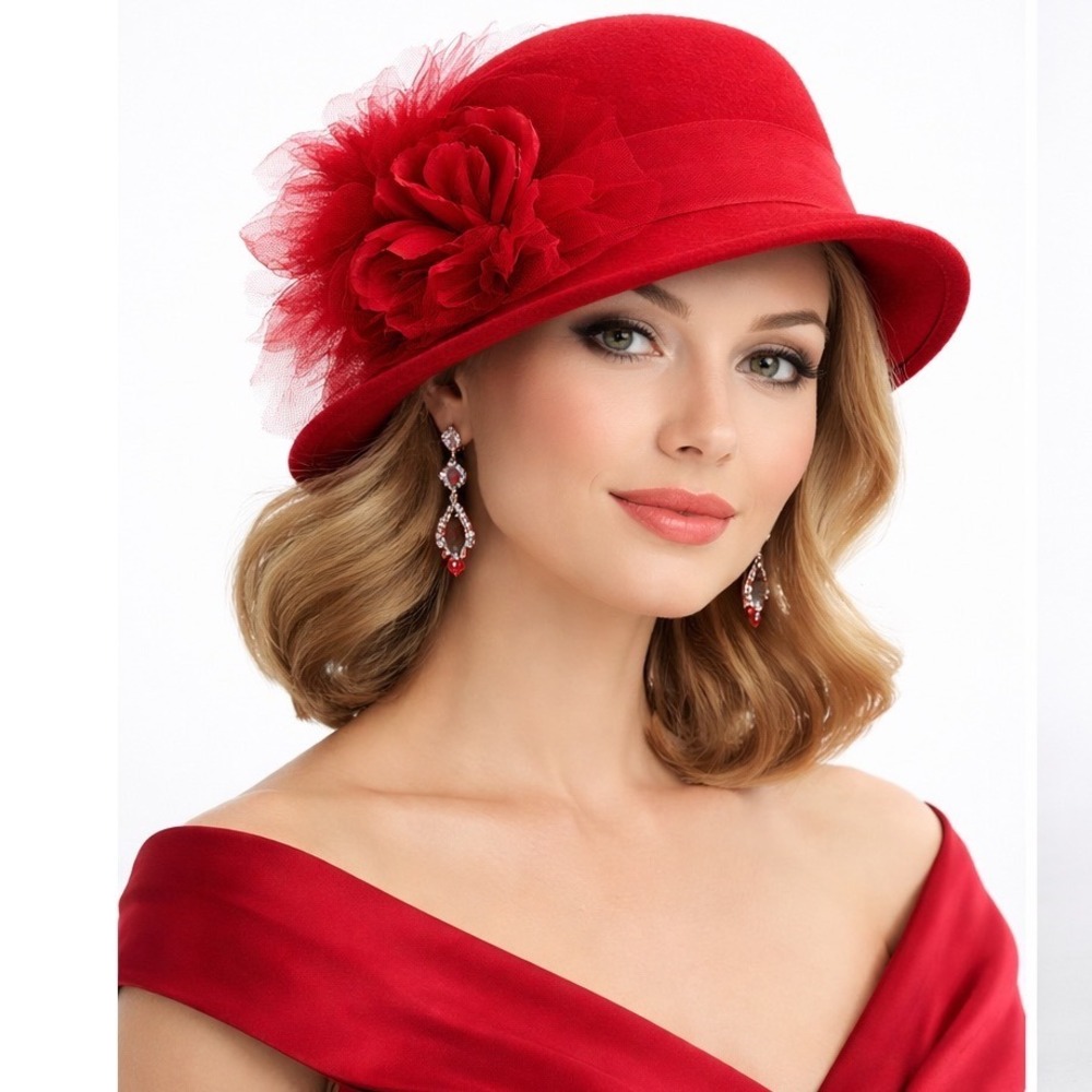 Kathy Jeanne Vintage 100% Wool Made in the USA Red Tea Party Derby Hat‎